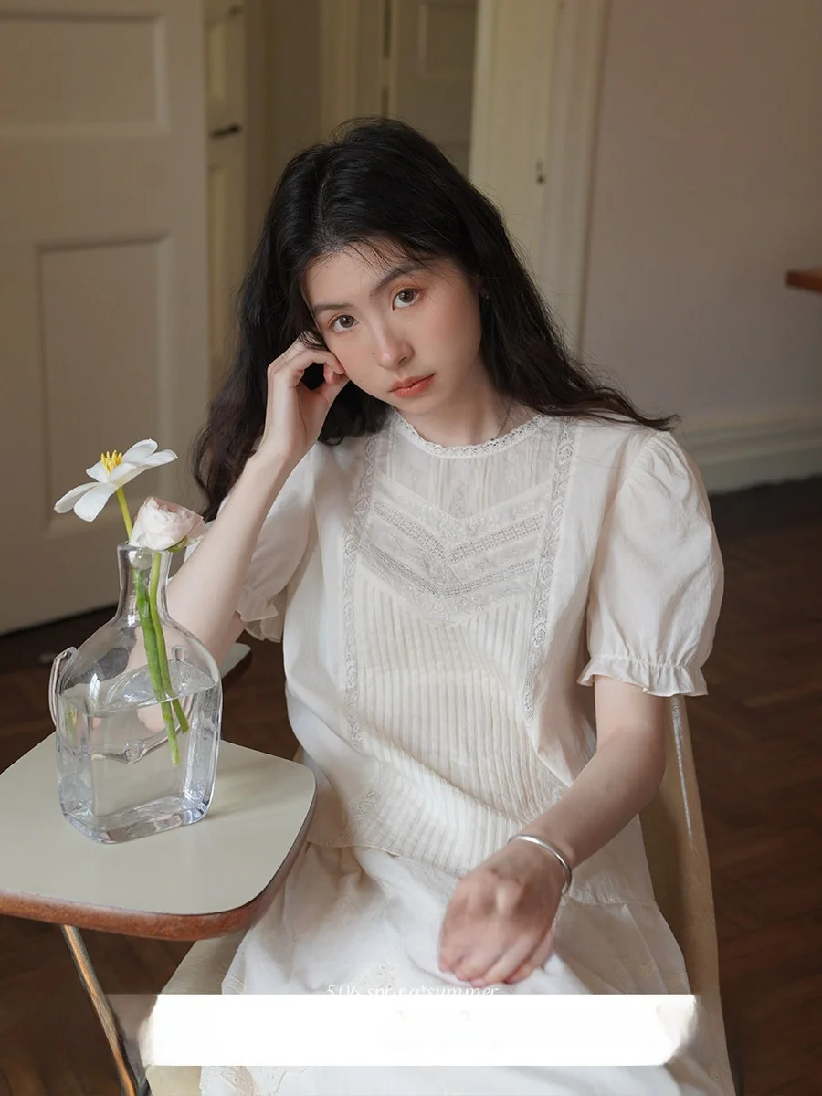 

Lace Patchwork Pure Cotton Bubble Sve irt Women Summer round Ne Breathable Comfortable Commute Sle ort Sve irt