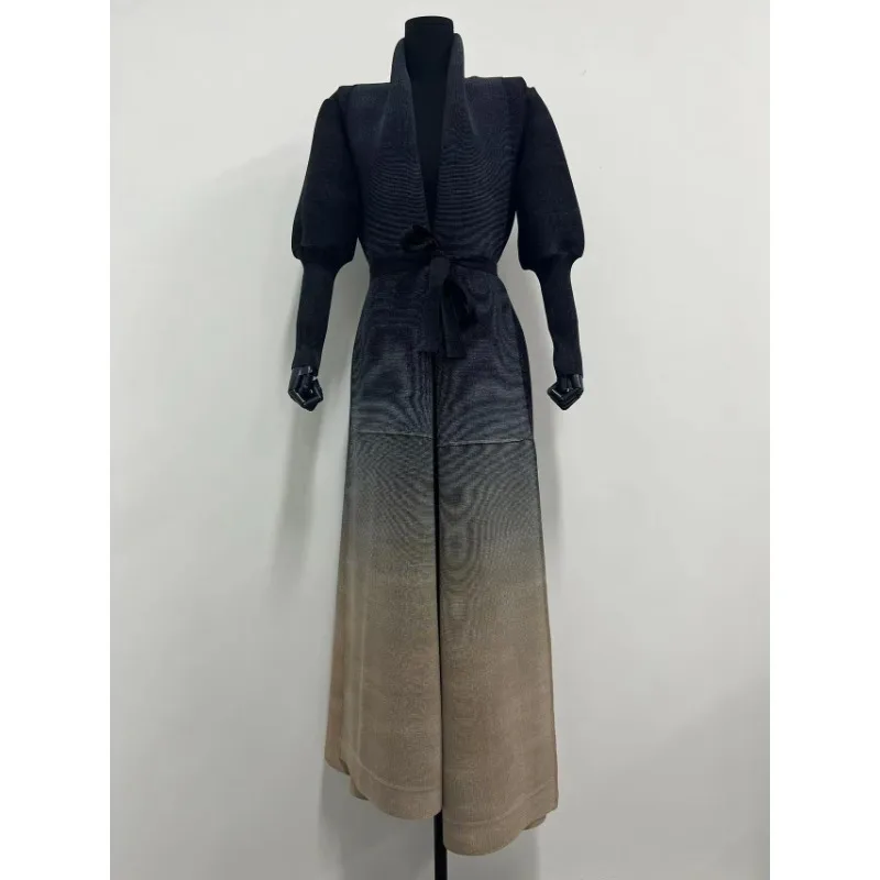 Miyake Pleated New 2024 Spring Versatile Long Sleeved Waistband Long Coat Cloak Lantern Sleeve High Open Collar Gradient Color