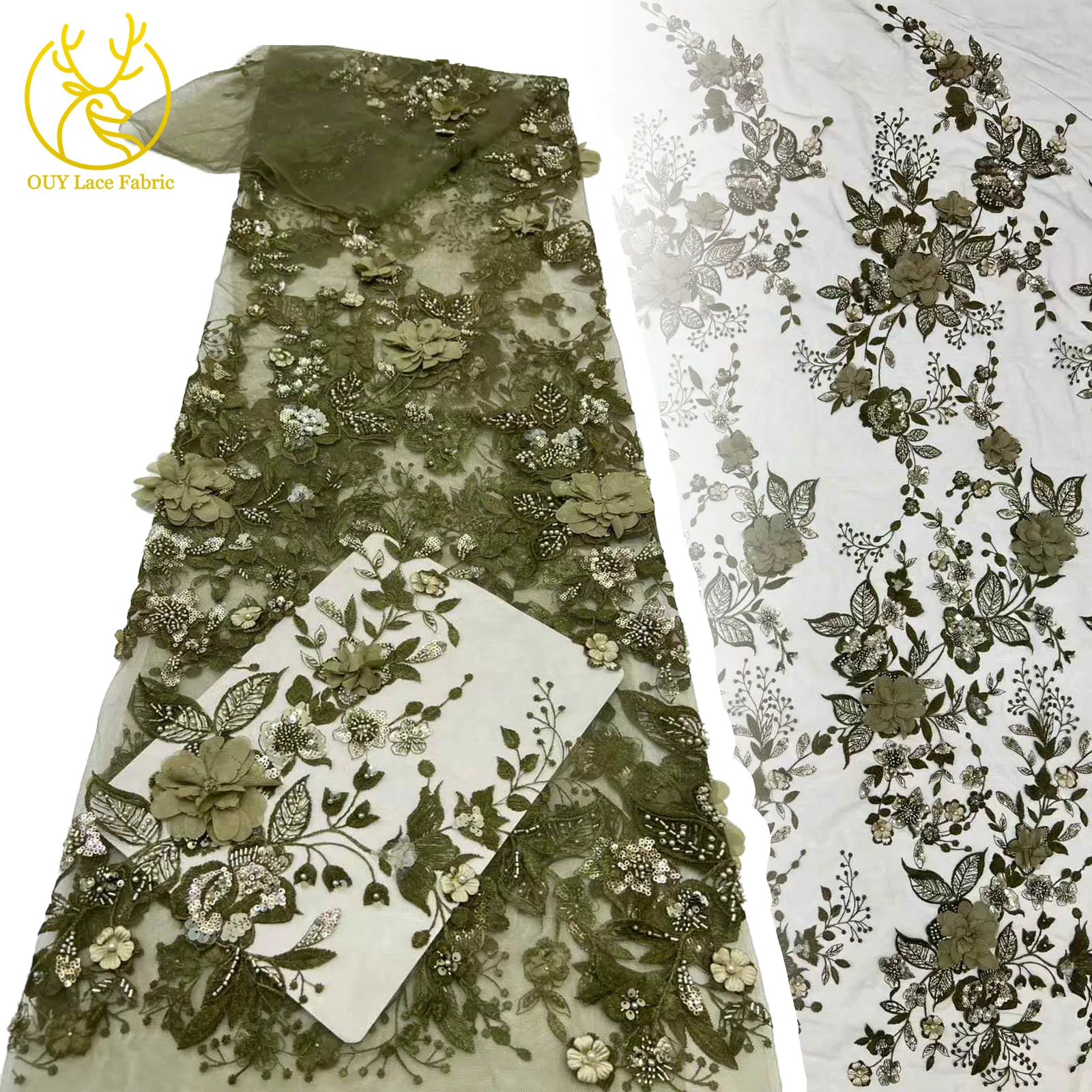 

3D Flower African Sequins Beaded Lace Fabric 2025 High Quality French Mesh Tulle Embroidery Wedding Bridal Lace Material 5 yards