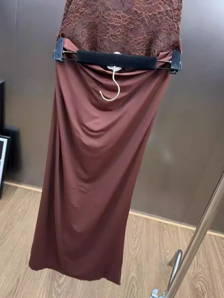 DFDG レディース 2025 春夏 レトロ レース セクシー ドレス オフショルダー アシンメトリー フェイクツーピース カットアウト スプリット Y2K セクシー ドレス