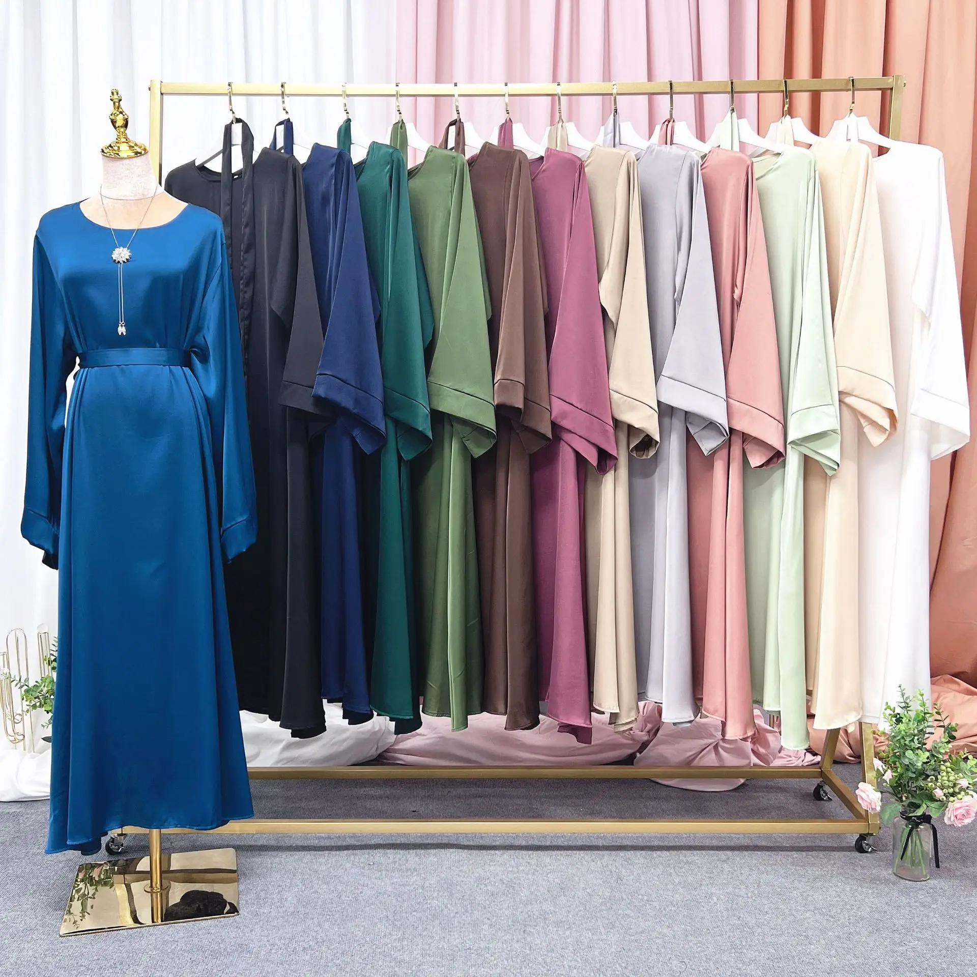Regular-Fit Plain Stain Dubai Abaya Muslim Long Women Dress Modest Islamic Clothing Hijabi Robe-Long Wide Sleeves, Side Pockets
