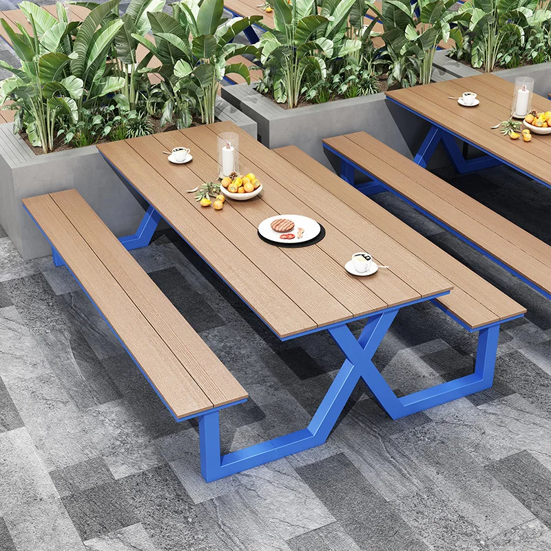 ！@Modern Outdoor WPC Pressure Treated Wood Durable UV-Resistant Metal Frame Connected Table Set Seating Outdoor Furniture for B&