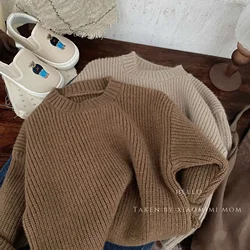 Sweater2024 Autumn and Winter New Children Thick Pullover Sweater Korean Boys and Girls Stylish Loose Solid Long Sleeved