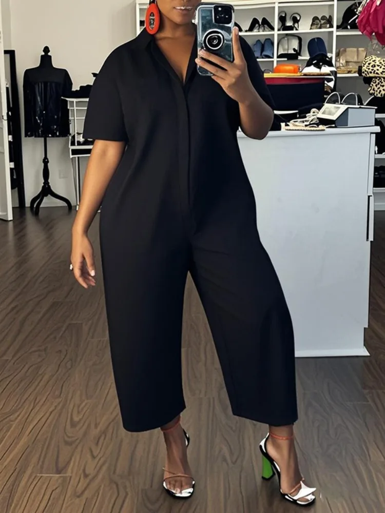 

2026 New Summer Women Black White Color Lapel Jumpsuits Loose Short Sleeves Buttoned Solid Color Casual Streetwear Jump Suits