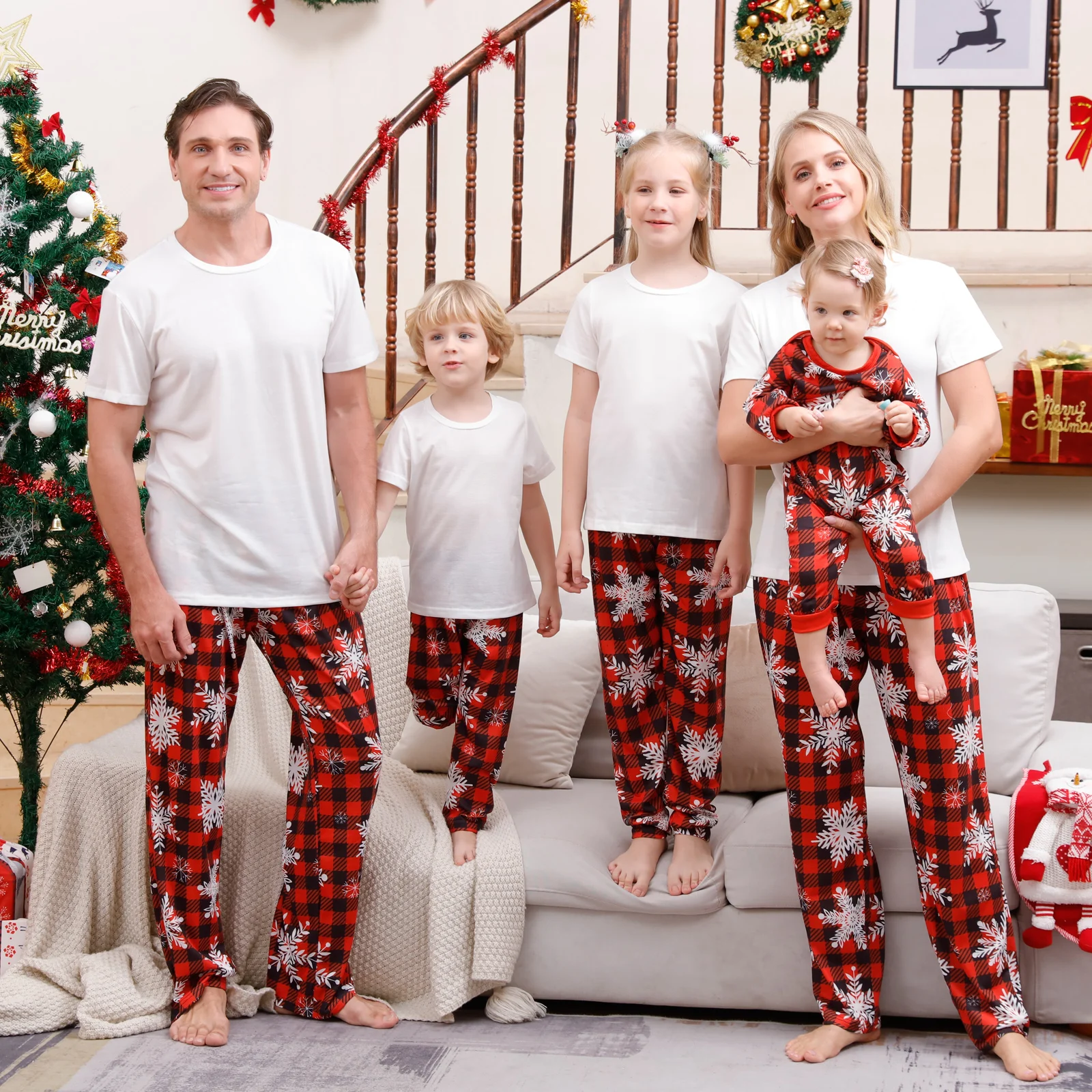 Conjunto de pijama a juego de Navidad para hombre y mujer, ropa de dormir con sublimación en blanco, Conjunto de pijama familiar, ropa de casa para padres e hijos, estampado DIY