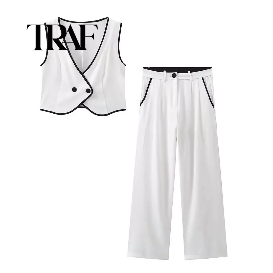 TRAF Tank Pants Women\'s Two-piece Set Sleeveless V-neck Short Vest Top And Wide Leg Suit Trousers Female Spring Casual Outfit