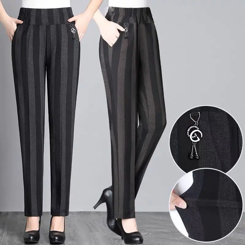 

Diamond Vintage Women Striped Trousers Spring Autumn 5XL Female Fashion Loose High Waist Elastic Band Casual Straight Pants 2022