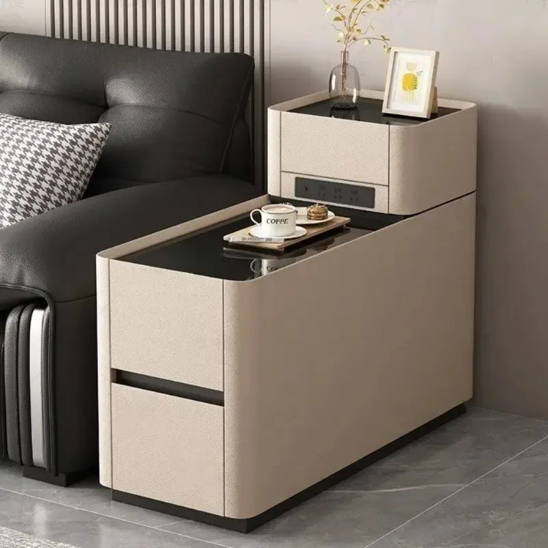 Smart Sofa Side Cabinet Wireless Charging End Table Narrow Storage Cabinet Tempered Glass Armrest Side Table Living Room