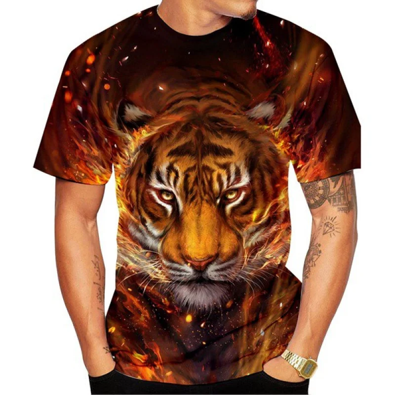 1 Piece Custom Your PictureFashion Men T-Shirt 3D Print Fire Tiger Designed Summer T Shirt Animal Tops Tees