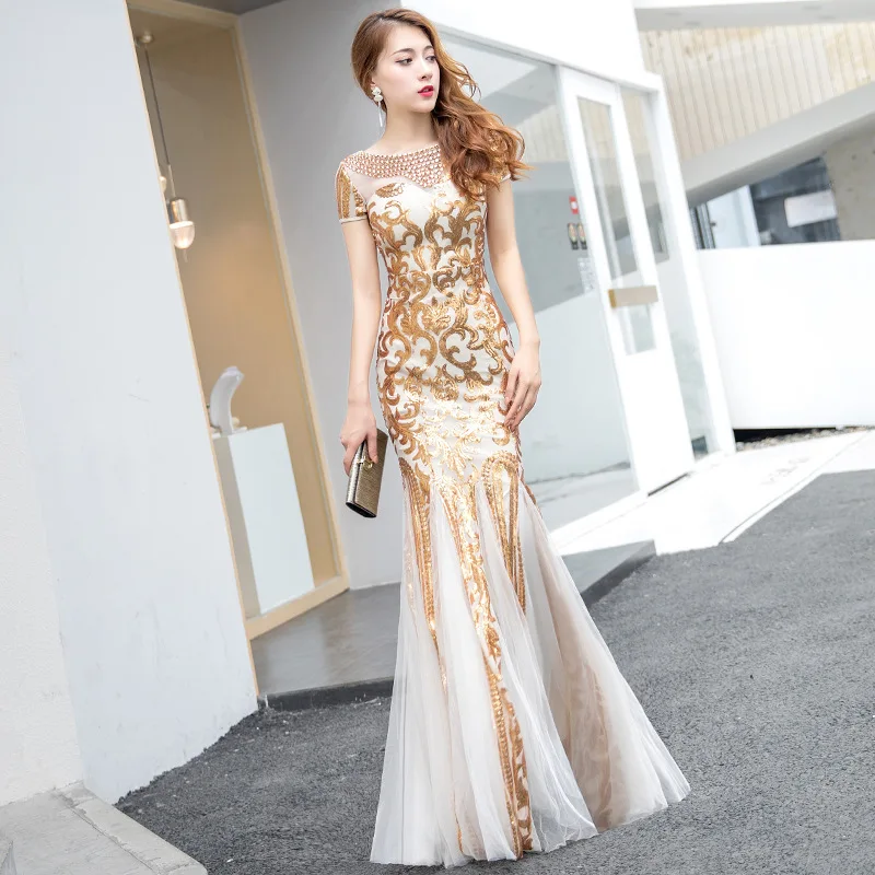 Evening Gown 2024 Spring New Long Sequined Banquet Dress Fish Tail Figure Flattering Annual Meeting Performance