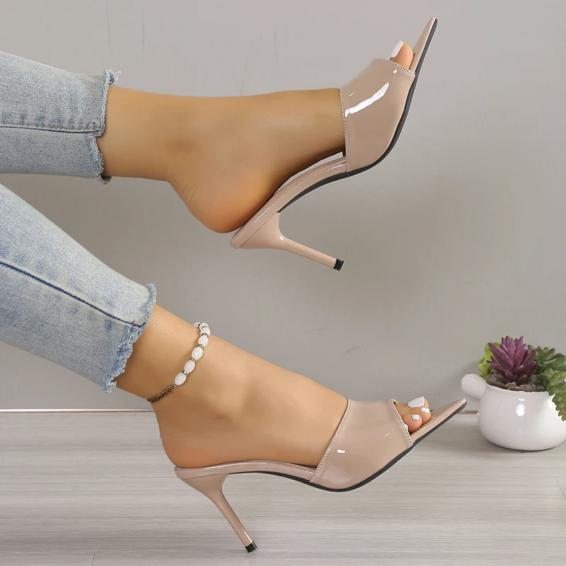 Sexy Nude Super High Heels Sandals Women 2024 Summer Pointed Toe peep toe sandals Woman Patent Leather Thin Heeled Party Shoes