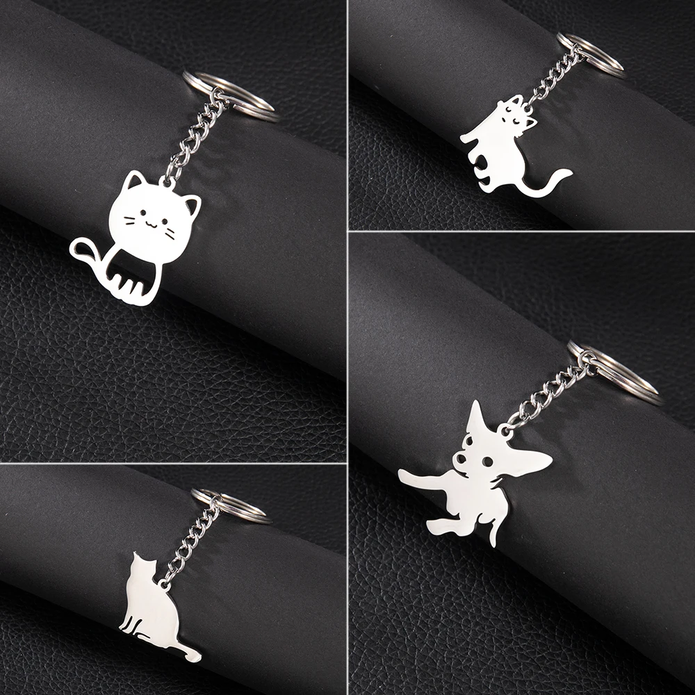 Shuangshuo 1 Piece Stainless Steel Key Ring Cute Cat Keychain for Bags Couple Lover Animal Keyring Pendant Friendship Gift