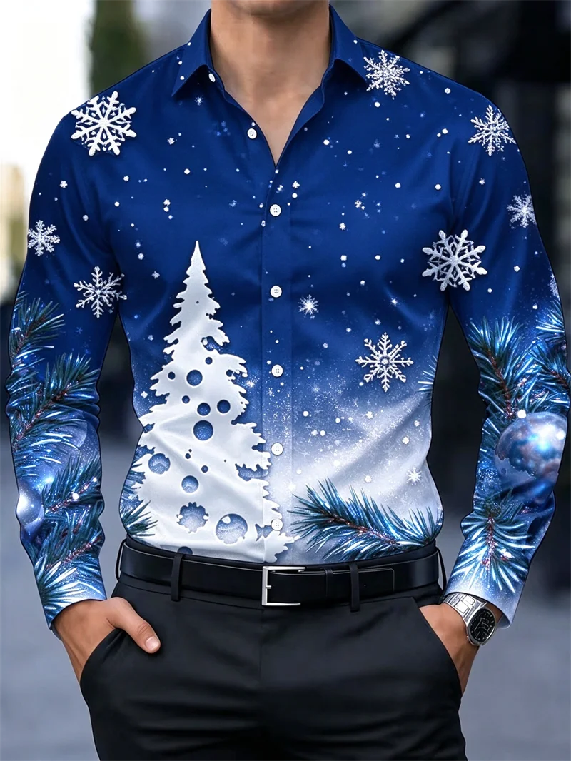 New men's shirt in red satin Santa Claus Christmas tree snow town snowflake print slim fit trendy men's shirt