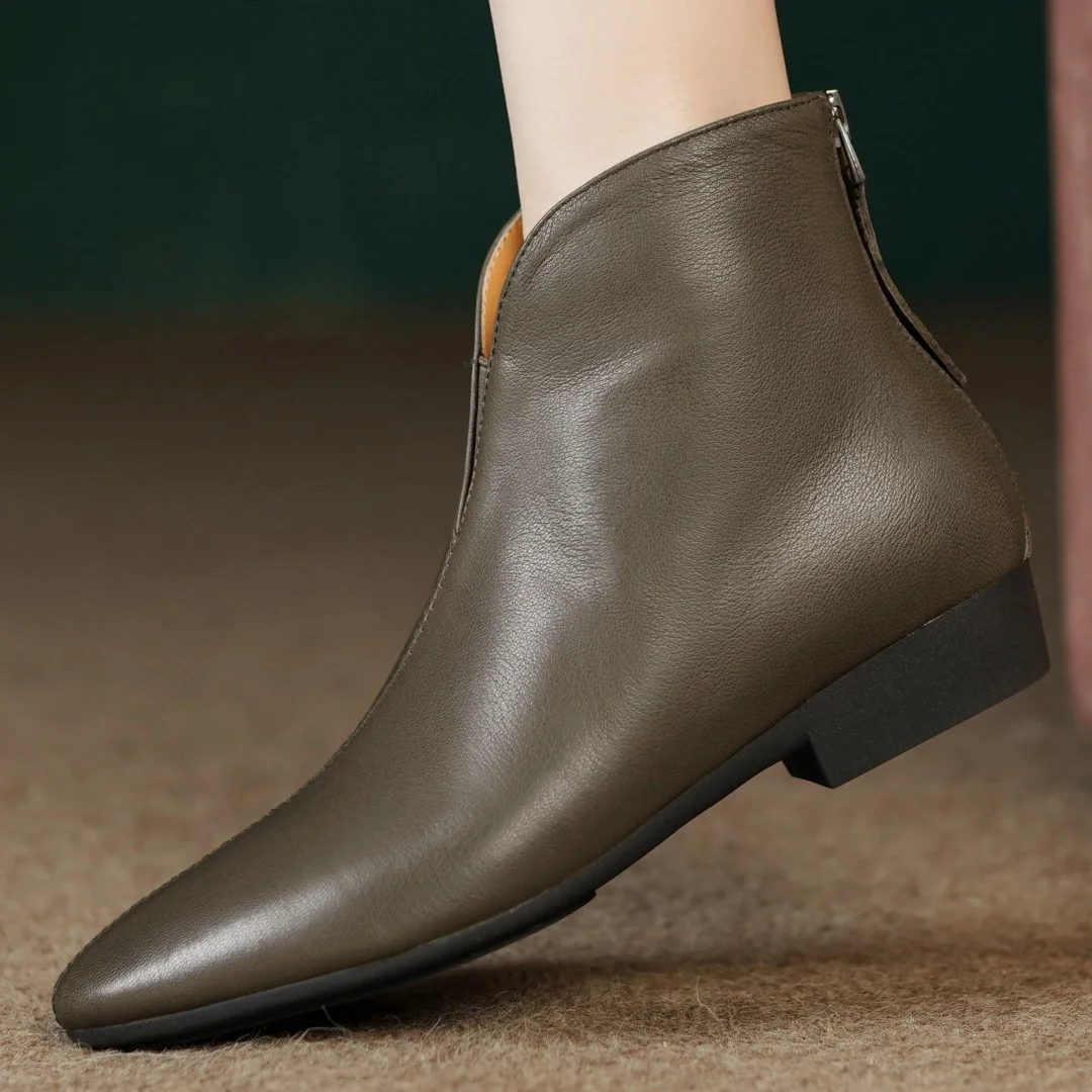 Damskie buty z owczej skóry ze szpiczastym noskiem i zamkiem błyskawicznym z tyłu jesienne botki wysokiej jakości miękkie wygodne codzienne damskie krótkie botki — zdjęcie 3