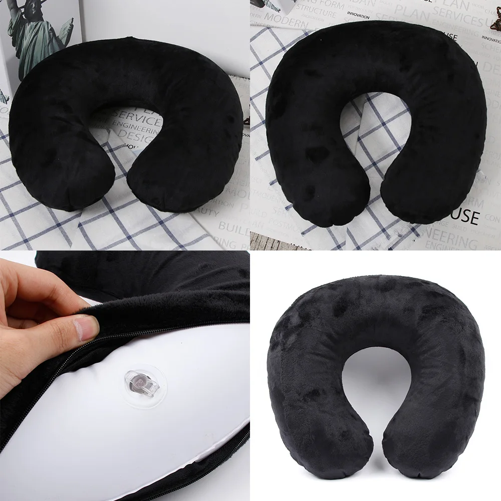 U-shaped Travel Pillow Car Air Flight Office Inflatable Neck Pillow Short Plush Cover PVC Support Headrest Soft Nursing Cushion