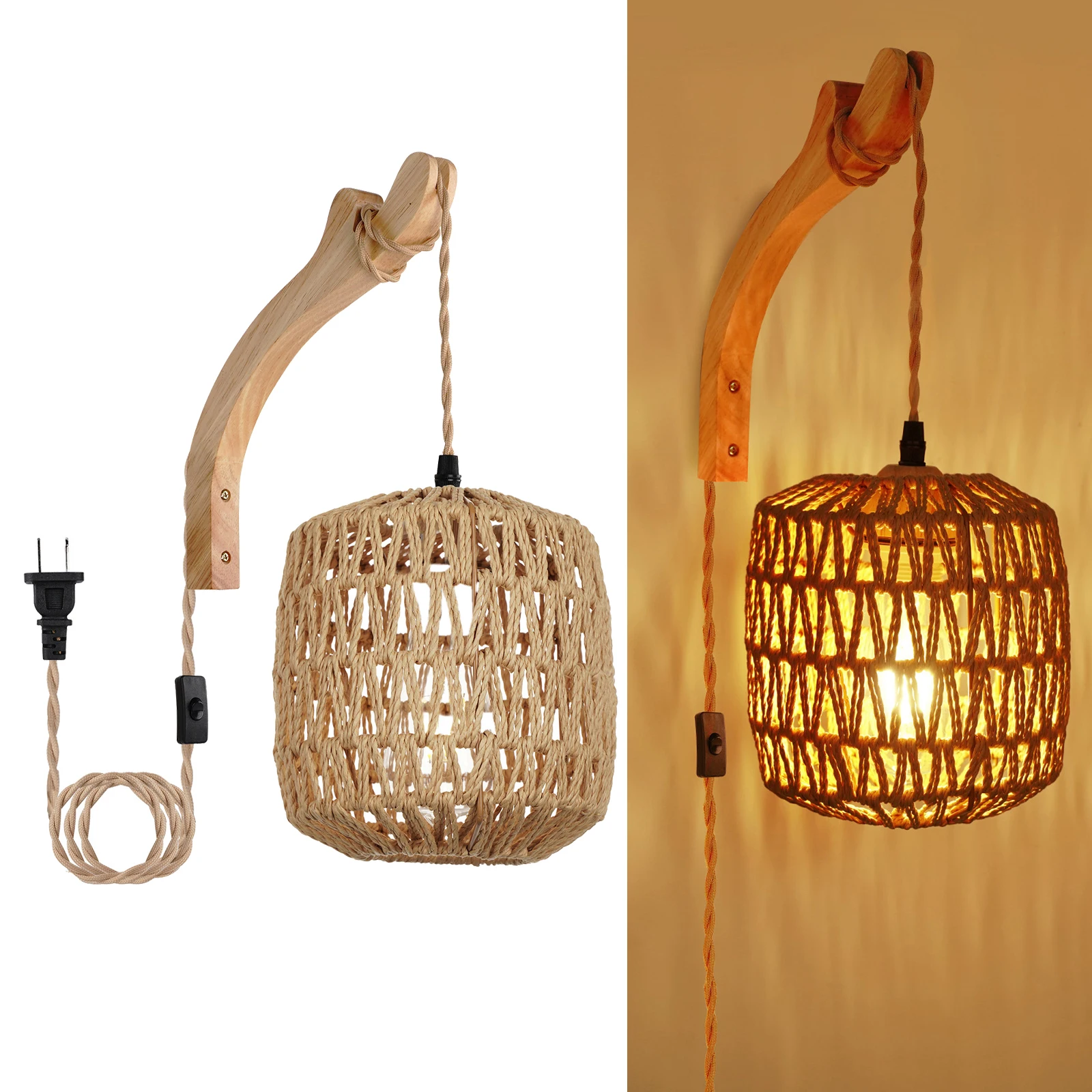 

Handwoven Paper Rope Led Light Indoor Foyer Light Button Switch Hemp Rope Pendant Light for Porch Dining Room Bedside