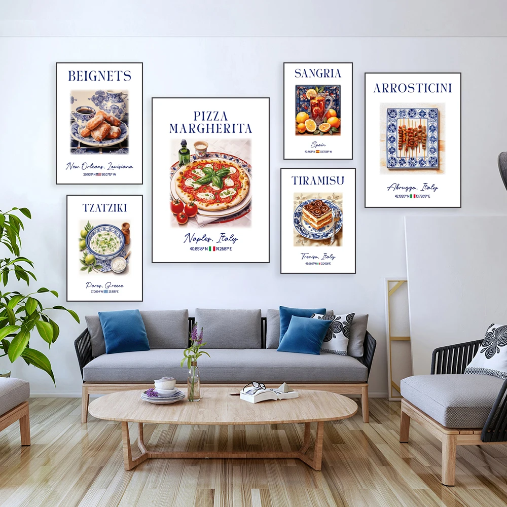 Patatas Bravas, BEIGNETS, GYROS, GAZPACHO, Traditional Italian, Spanish, Greek cuisine, Blue Azulejo tiles, Kitchen cafe poster