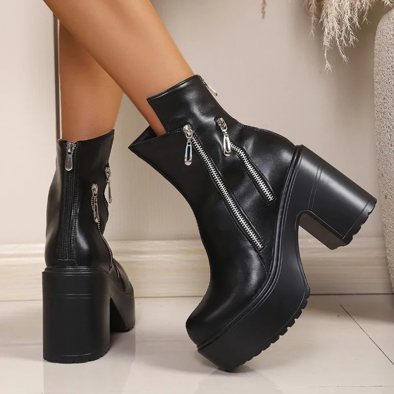 2026 Classic Women Ankle Boots Dress Working Autumn Winter Casual Thick High Heels PU Leather Shoes Woman Size 35~42