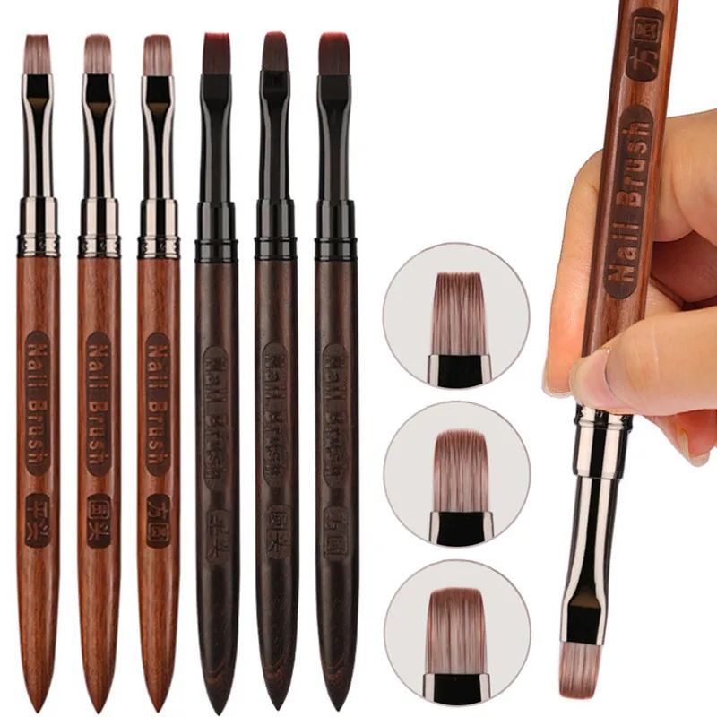 6가지 스타일의 샌달우드 핸들 네일 드로잉 브러쉬, 매니큐어 페인팅 그라데이션 UV 젤 연장 빌더 드로잉 펜