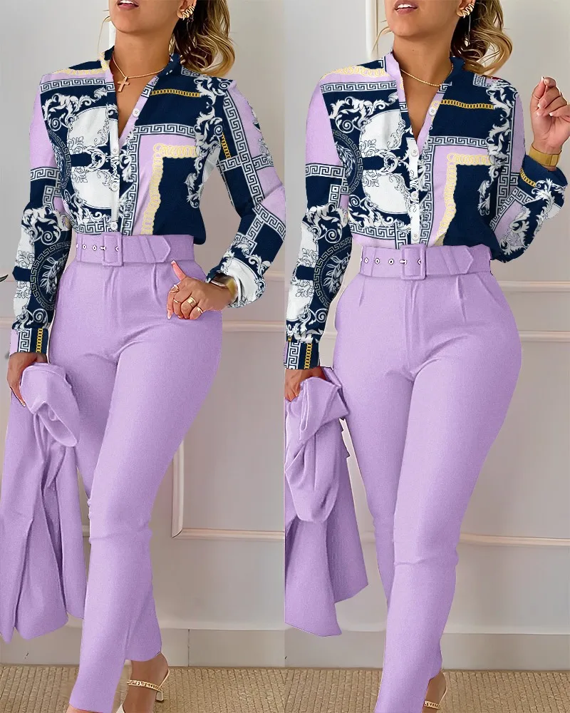 

2023 Casual Spring Summer Women Set Print V-neck Long Sleeve Shirt High Waisted Long Pants Two Piece Set Office Lady Suit