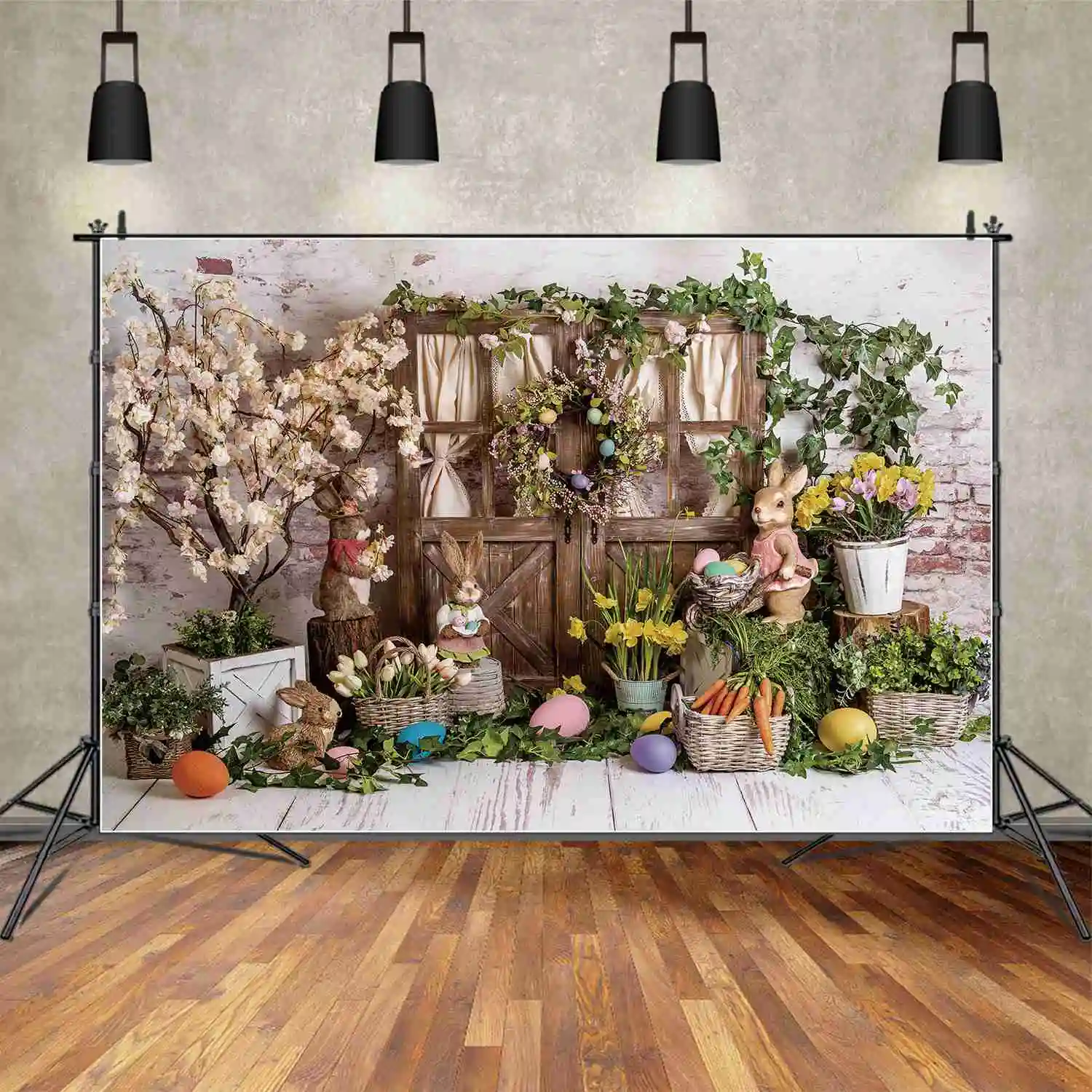 MOON.QG Easter Day Backdrop for Photography Spring Wood Plank Rabbit Bunny Eggs Party Photo Background Children's Shooting Props