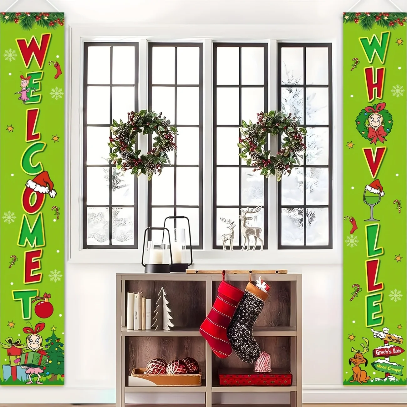 Whoville زينة عيد الميلاد عيد الميلاد الشرفة تسجيل- مرحبا بكم في Whoville زينة باب عيد الميلاد معلقة راية خلفية Outd #5