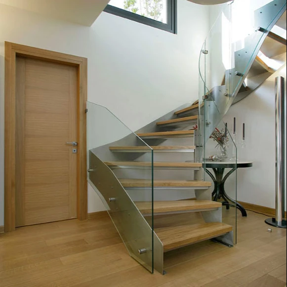 Customization Customized Prefab Round Interior Glass Railing Solid Wood Tread Steps Curved Stairs Staircase