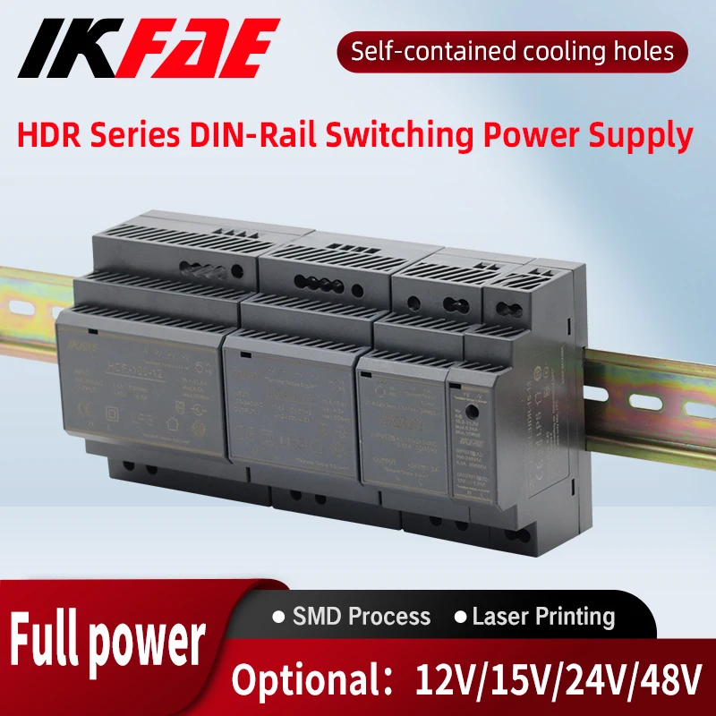 

DIN Rail Switching Power Supply, Slim Step Shape Transformer,HDR Series, 15W, 30W, 60W, 100W, 150W, AC, DC, 12V, 24V