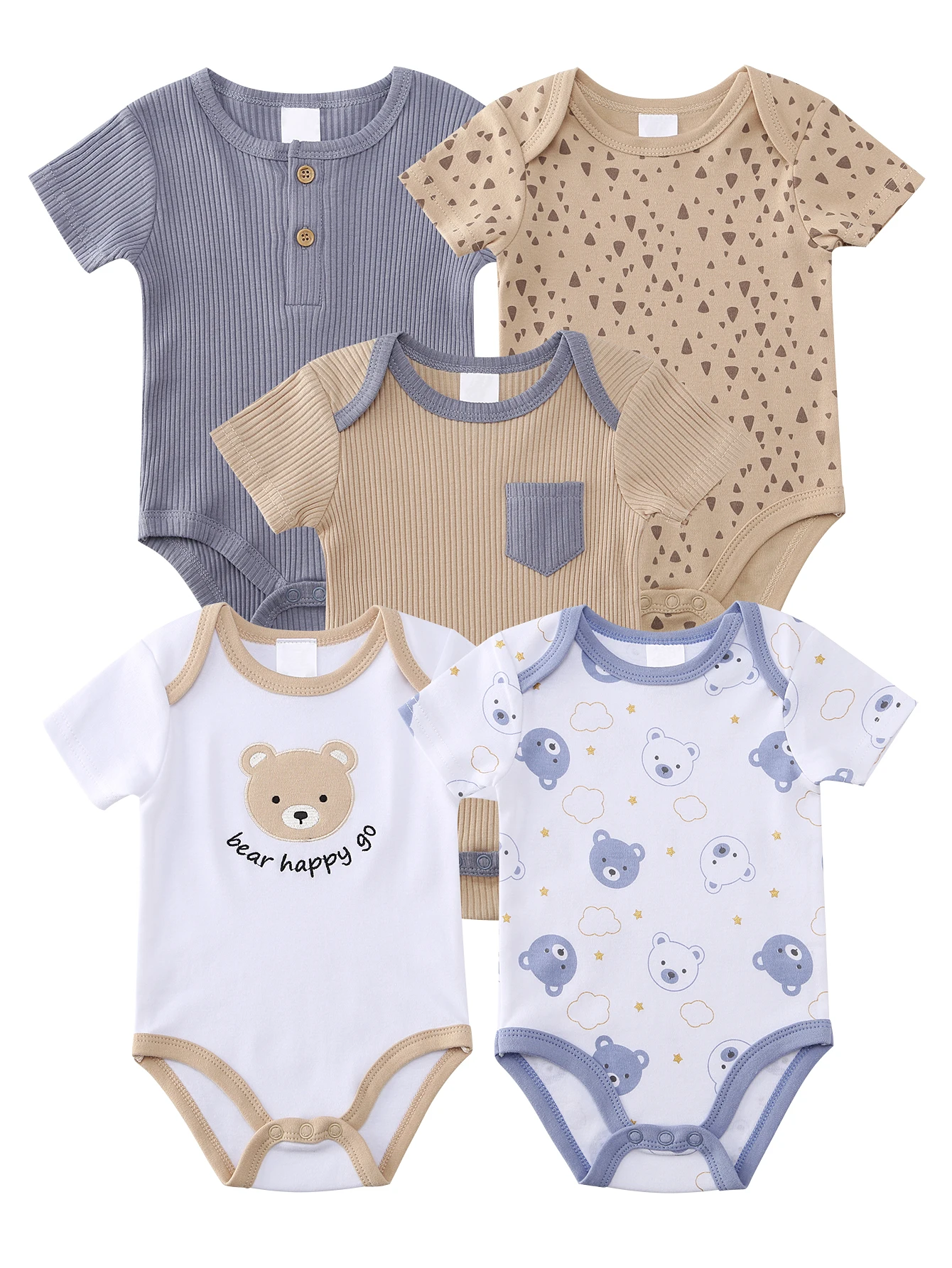 5-Piece Summer Short-Sleeved Romper Set for Baby Boys, with Cute Cartoon Bear Print, Soft and Breathable Romper, Easy to Change Diapers - Suitable for Newborns 0-12 Months Old - for Daily and Special Occasions, Baby Clothing, Simple Round Neck, Machine Washable Casual Wear, Suitable for Outdoor Wear