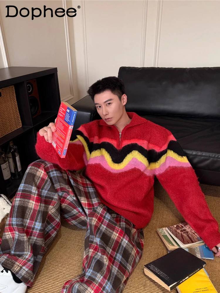 Fashion Striped Contrast Color Sweaters Men Women 2025 Autumn Winter New Loose Pullover Knitted Tops Couple Colorful Knitwears