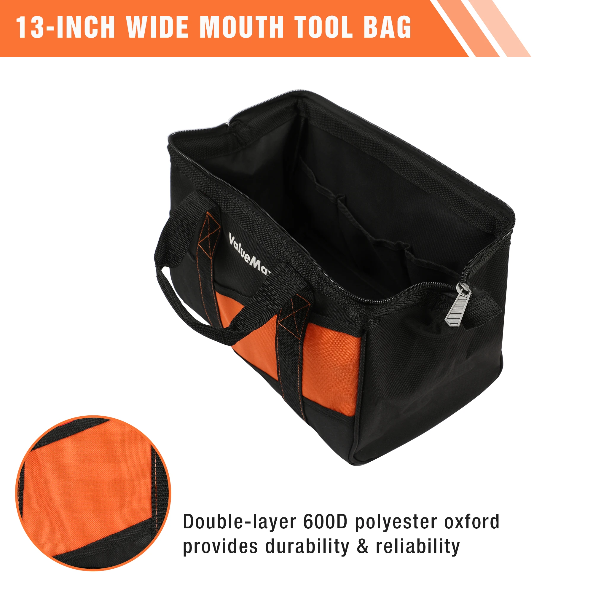 ValueMax 13-Inch Small Tool Bag, Wide Mouth Tool Bag with 12 Storage Pockets, Heavy Duty Orange Tool Tote Organizer