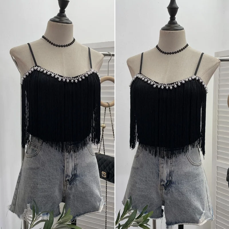 タッセルトリム ダイヤモンド装飾 パール装飾 スウェット アウターベストトップ レディースファッション 春秋 2024