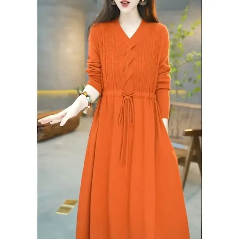 

Elegant Orange Knit Dress With V Neck And Drawstring Waist For Spring Autumn Women Long Sleeve Loose A Line Style