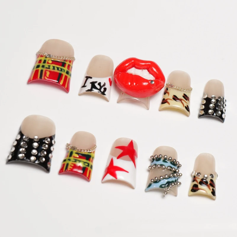 10 Uds uñas cortas de pico de pato labios rojos remache a cuadros estrella decorada puntas de uñas postizas