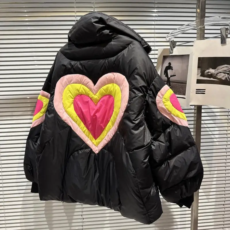 Heart-Shaped Print Down Jacket Women High Quality Parkas Spliced Fashion Couples Cotton Coat Thick Warm Winter Jacket Female