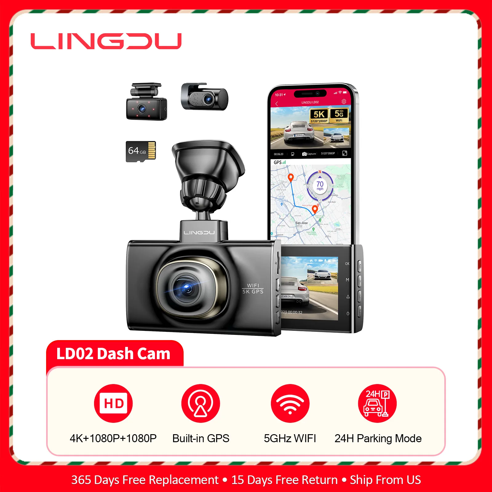 

Видеорегистратор LINGDU 4K с GPS, Wi-Fi 5.8ГГц, камерой заднего вида 1080P, 3-канальной системой ночного видения, 24-часовым мониторингом парковки и голосовым управлением