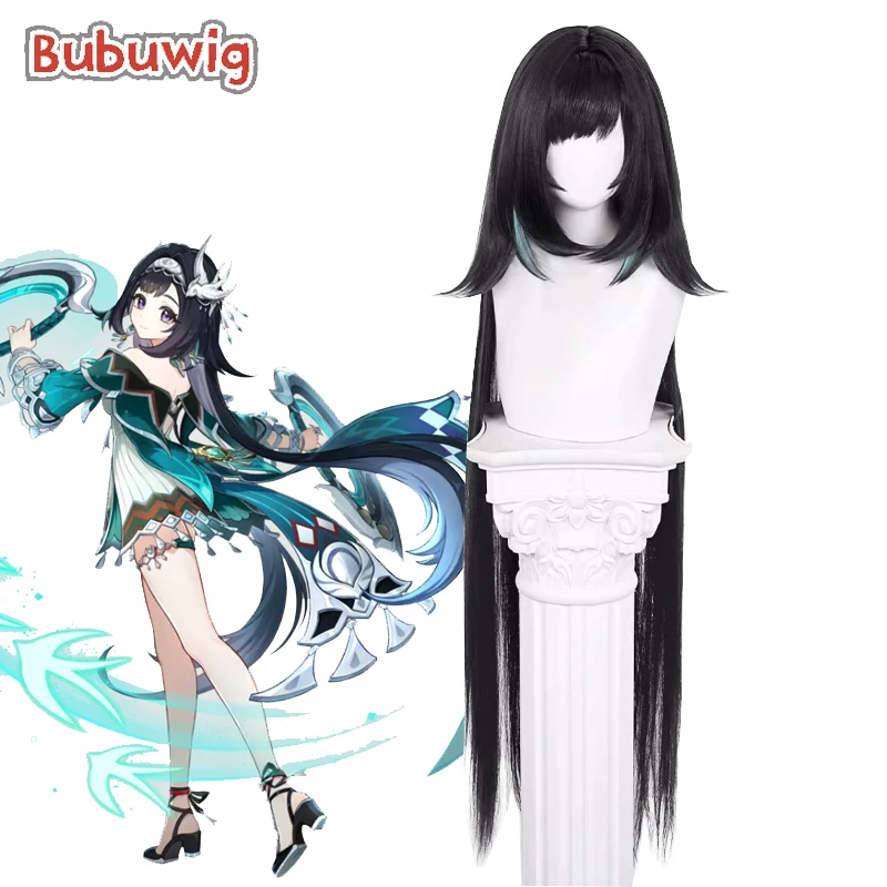 Bubuwig Synthetic Hair Lan Yan Cosplay Wigs Genshin Impact Lan Yan Role Play 120cm Long Black Mixed Green Cos Wig Heat Resistant