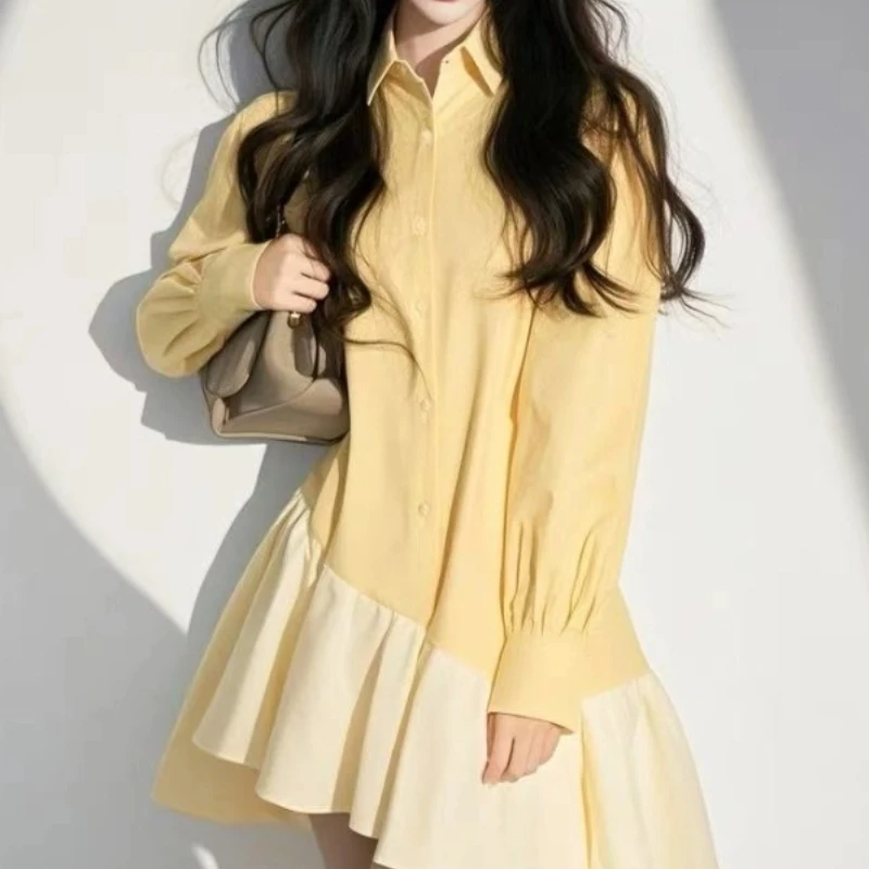 

Women's Yellow Patchwork Irregular Design Lazy Style Dress Spring Elegant Trendy Casual Chic Lightweight Wear