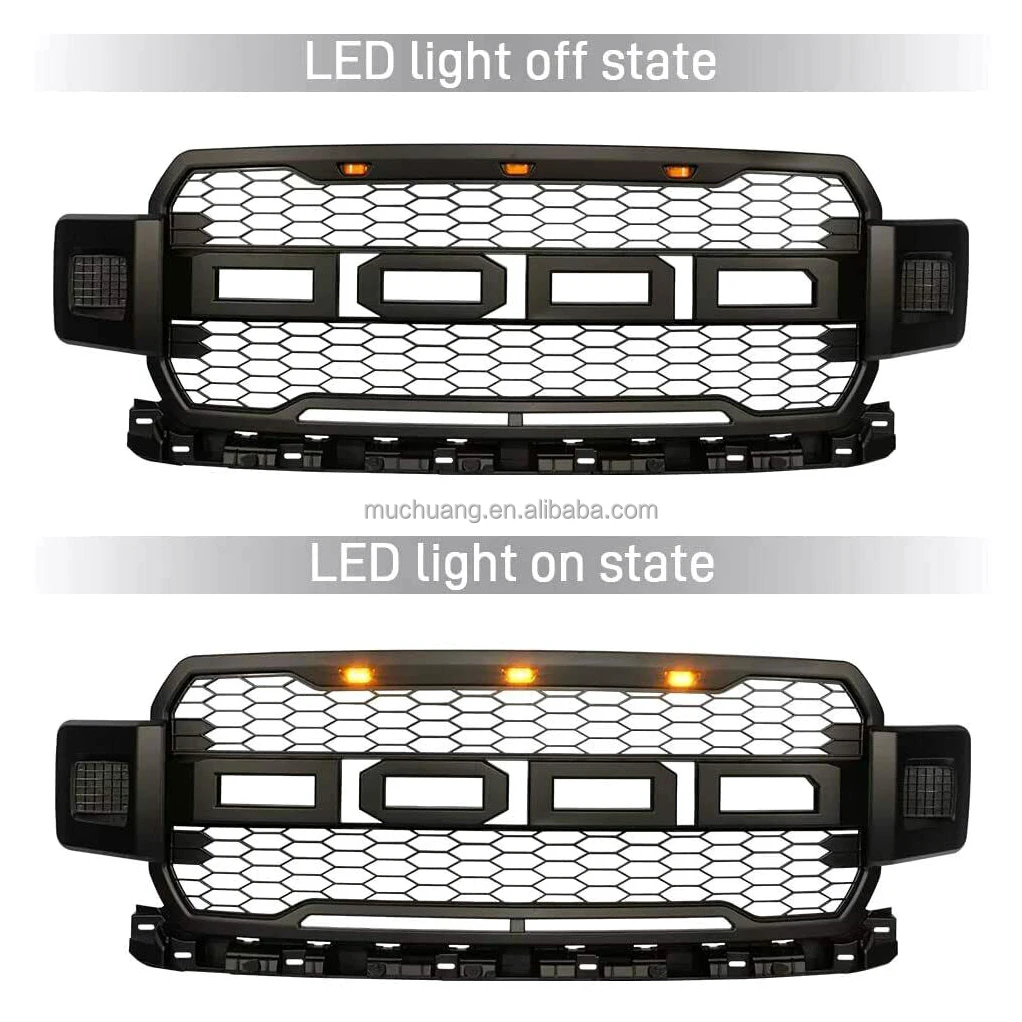 American hot selling retail auto parts Car Grille For 2018 2019 2020 Ford Raptor Style F150 Pickup Mesh Upper Hood Grille LED