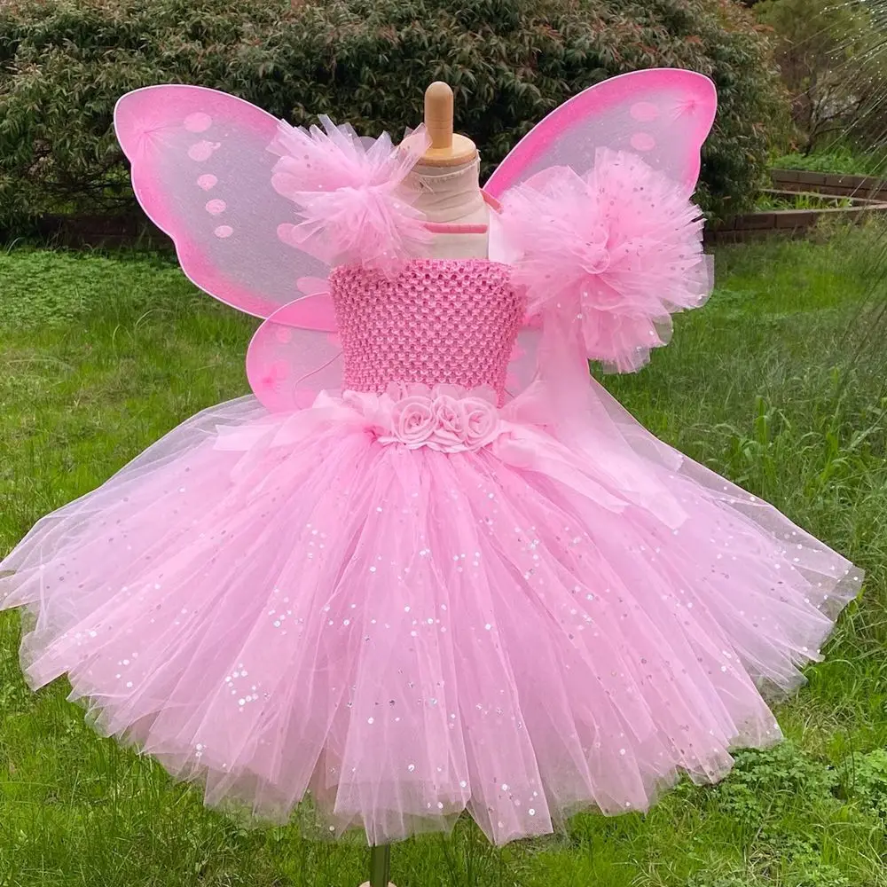 

Summer Children's Performance Costume Fairy Wings Dress Set Girls Puffy Tutu Skirt Cosplay Princess Gauze set Halloween Cos