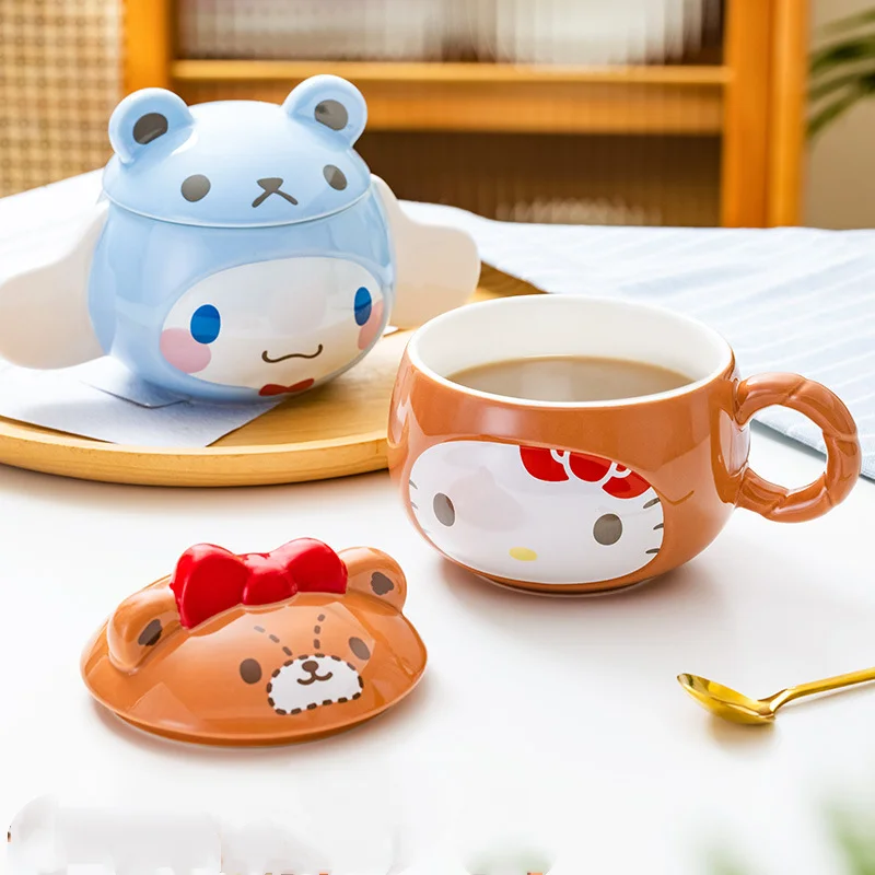 

Sanrio Ceramic Mug Kit Kawaii Three-Dimensional Relief Easy To Clean Milk Coffee Multi-Functional Having Ears with Lid Cup New