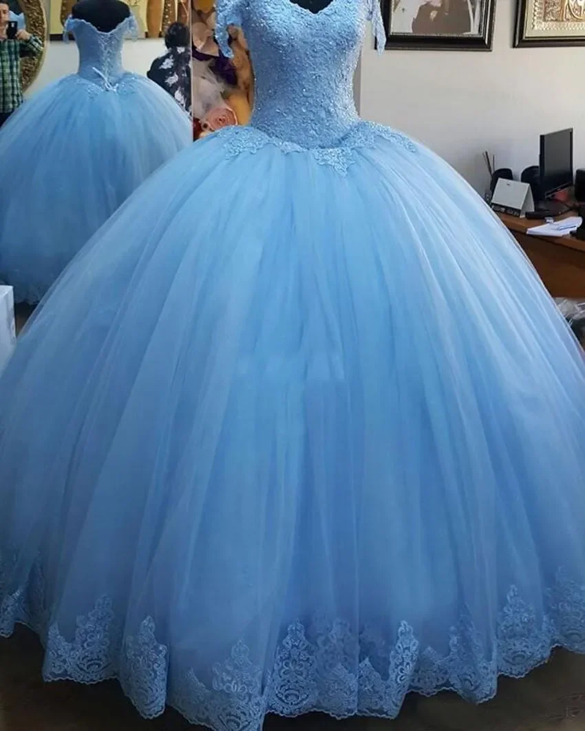 IRIDESCENT Sky Blue Lace Up Quinceanera Dresses Off the Shoulder Corset Back Sequins Sweep Train Sweet 15 Party Custom Made