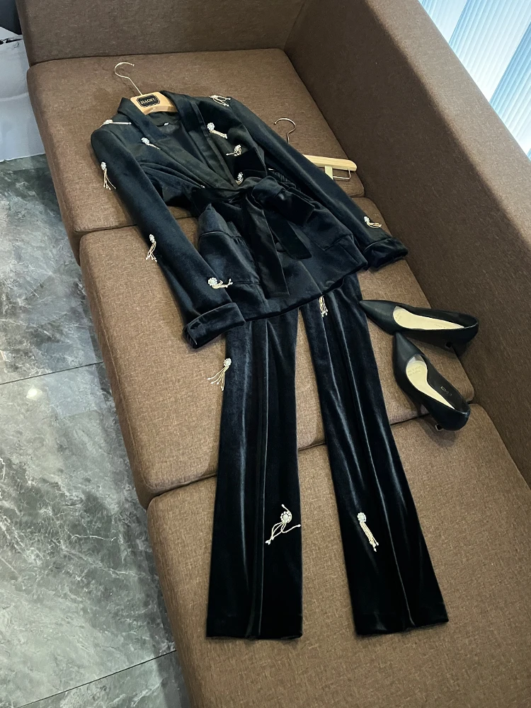 

High-Quali Velvet Wide-Leg Suiting Pants And Blouse Two-Piece Set Faionable Midi Length Belted Elastic Waist Ensemble