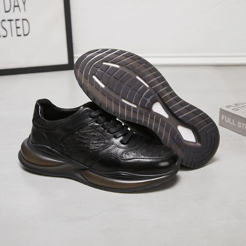 Zapatos de cuero genuino para hombre, zapatillas deportivas perforadas de lujo para caminar, zapatillas deportivas de piel de vaca de avestruz, cojín de aire para viajes al aire libre