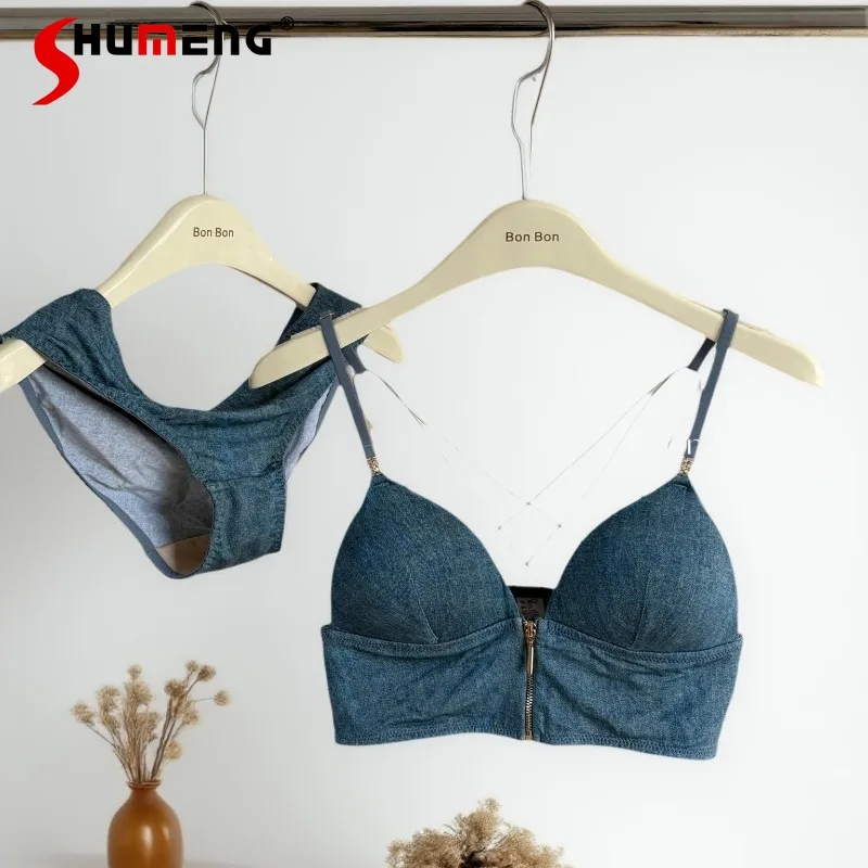 

Denim French Retro Pure Desire Intimates Women's Thin Sexy Triangle Cup Brief Sets Female Wireless Zipper Underwear Bra Suit