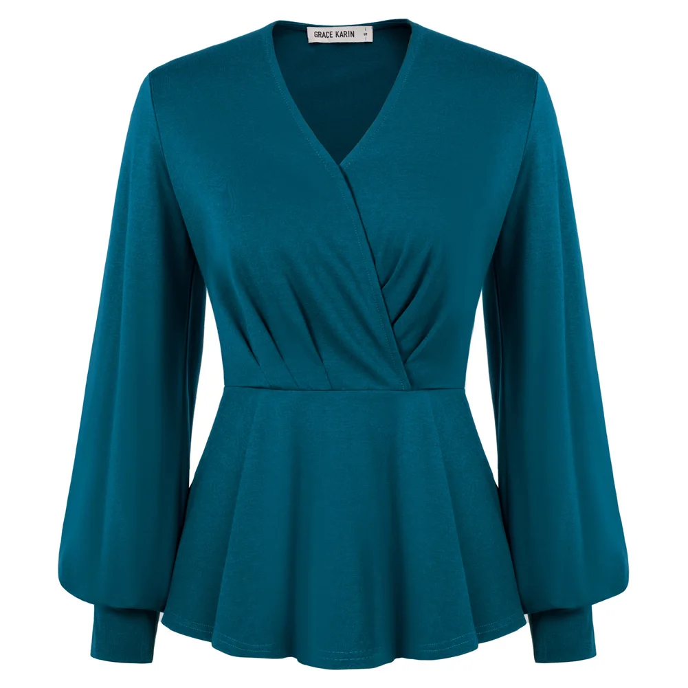 

Женские топы с баской GRACE KARIN, элегантная офисная блузка с запахом, V-образным вырезом и длинными рукавами-фонариками, однотонная уличная одежда