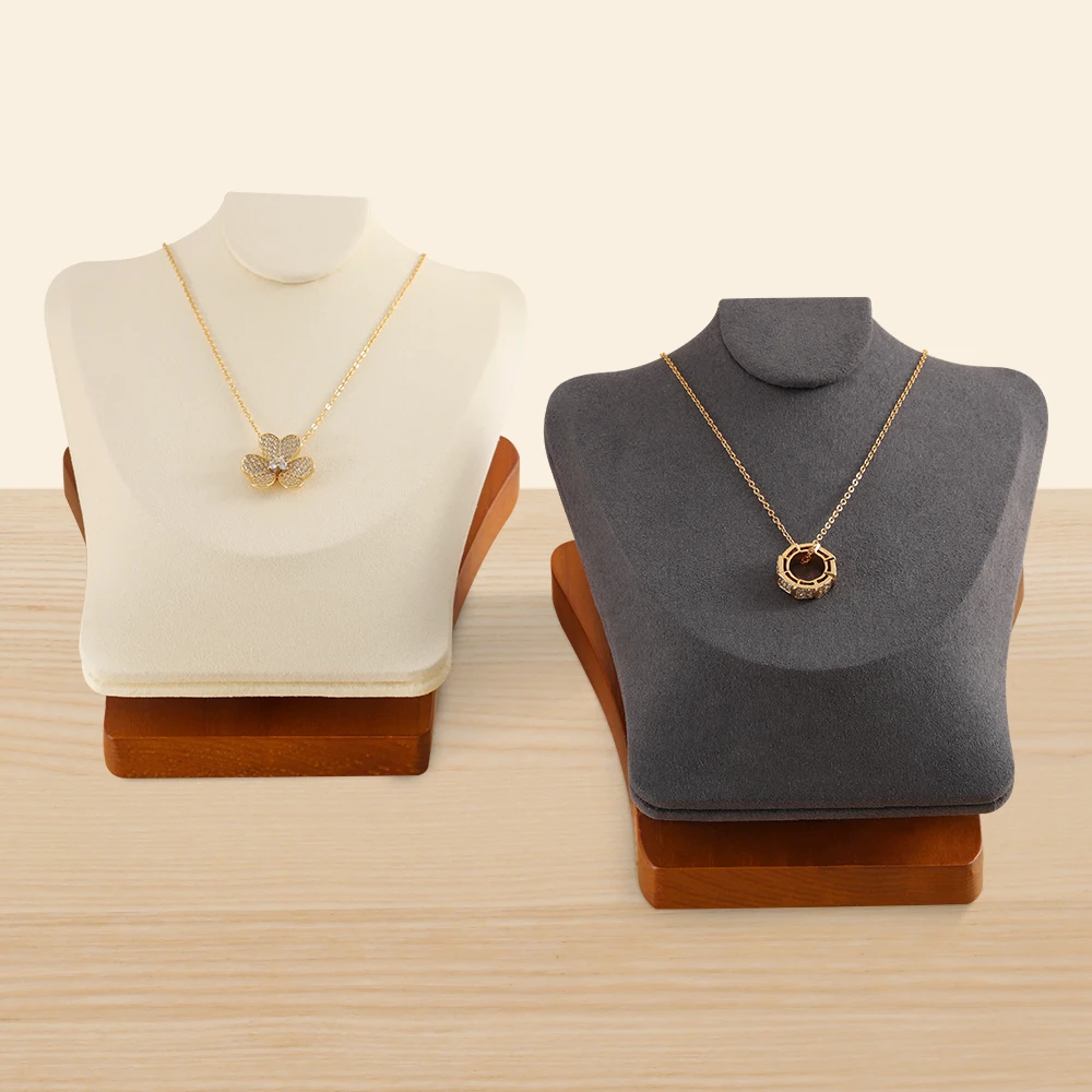 YinBeiNi Beige&Dark Gray Solid Wooden Necklace Display Bust with Microfiber Jewelry Display Mannequins Necklace Storage Holder