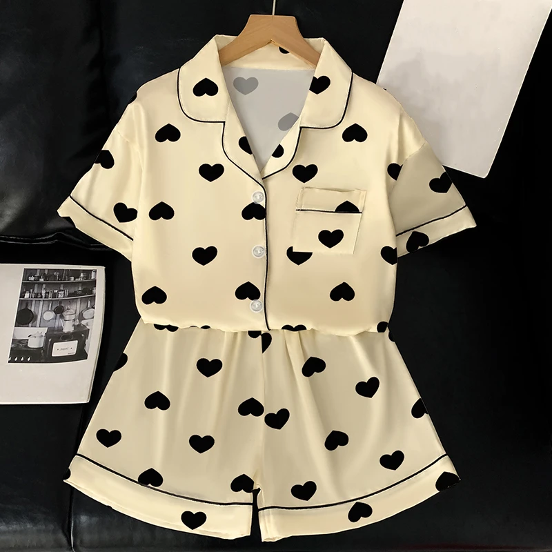 한국어 스타일 사랑 인쇄 여성 잠옷 캐주얼 여름 새로운 2025 패션 2 PC 잠옷 세트 짧은 옷깃 목 디자인 Loungewear 여자