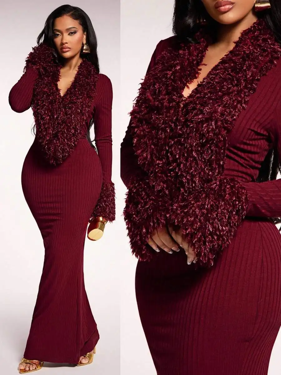 

Burgundy Ribbed Fitted Mermaid Maxi Dress with Faux Fur Trim V-Neck Long Sleeve