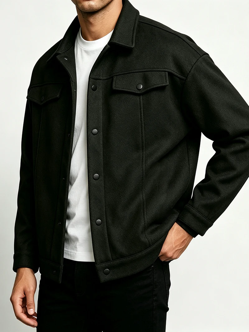 Herrenjacke mit lockerer Passform, gebürstet, kurz, langärmelig, mit Umlegekragen, einreihig, lässige Oberbekleidung für den täglichen Arbeitsweg und Streetwear – Detail 4